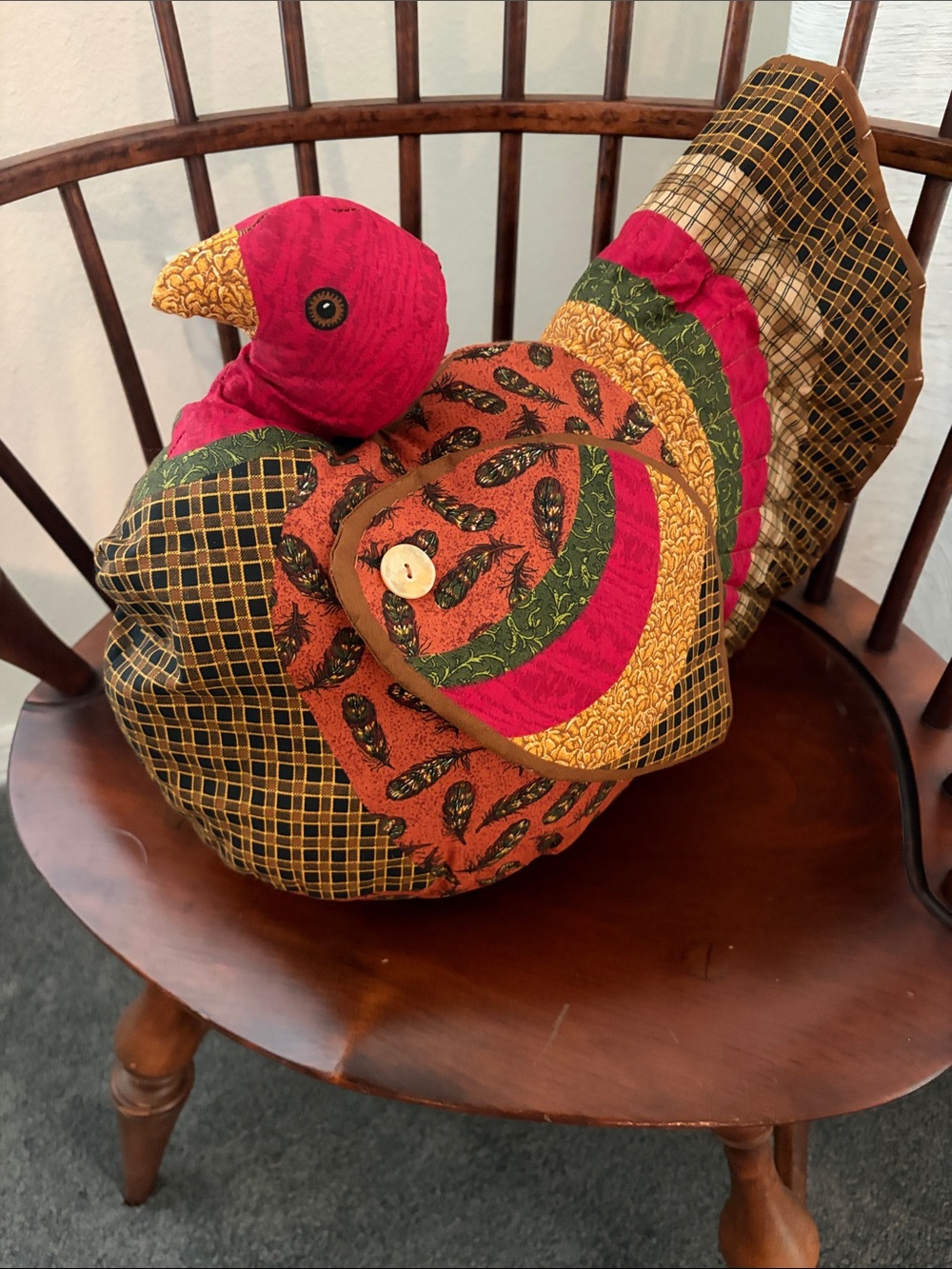 Handmade Quilted vintage Turkey Pillow - Red, Orange, Gold Patchwork